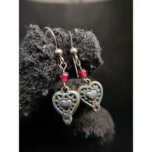 Sterling Silver Garnet Heart Drop Earrings S925 Southwestern Style Dangle